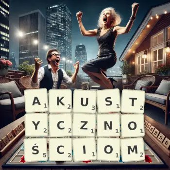 Kreatywna ilustracja do gry w Scrabble ze słowem AKUSTYCZNOŚCIOM ułożonym z płytek na planszy.