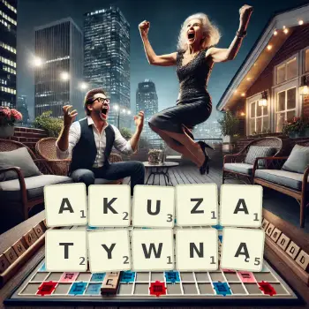 Kreatywna ilustracja do gry w Scrabble ze słowem AKUZATYWNĄ ułożonym z płytek na planszy.
