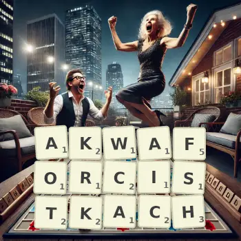 Kreatywna ilustracja do gry w Scrabble ze słowem AKWAFORCISTKACH ułożonym z płytek na planszy.