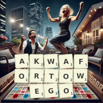 Kreatywna ilustracja do gry w Scrabble ze słowem AKWAFORTOWEGO ułożonym z płytek na planszy.