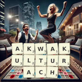 Kreatywna ilustracja do gry w Scrabble ze słowem AKWAKULTURACH ułożonym z płytek na planszy.