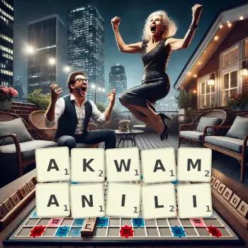 Kreatywna ilustracja do gry w Scrabble ze słowem AKWAMANILI ułożonym z płytek na planszy.