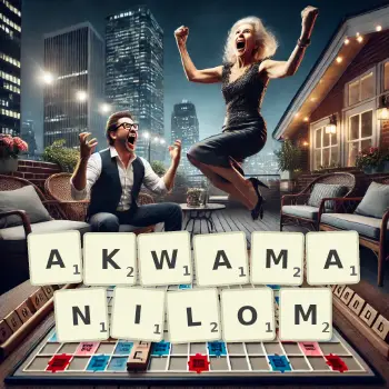 Kreatywna ilustracja do gry w Scrabble ze słowem AKWAMANILOM ułożonym z płytek na planszy.