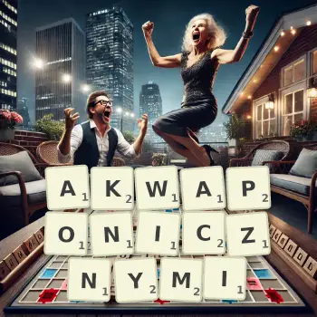 Kreatywna ilustracja do gry w Scrabble ze słowem AKWAPONICZNYMI ułożonym z płytek na planszy.