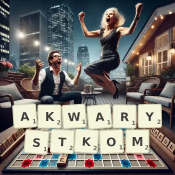 Kreatywna ilustracja do gry w Scrabble ze słowem AKWARYSTKOM ułożonym z płytek na planszy.