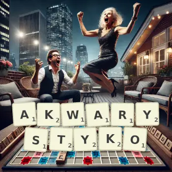 Kreatywna ilustracja do gry w Scrabble ze słowem AKWARYSTYKO ułożonym z płytek na planszy.