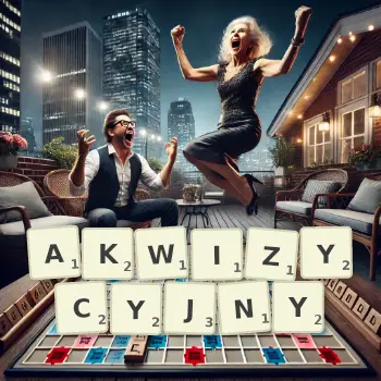 Kreatywna ilustracja do gry w Scrabble ze słowem AKWIZYCYJNY ułożonym z płytek na planszy.