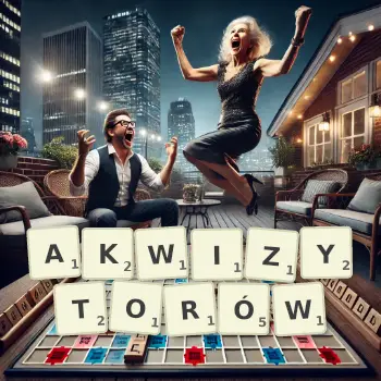 Kreatywna ilustracja do gry w Scrabble ze słowem AKWIZYTORÓW ułożonym z płytek na planszy.