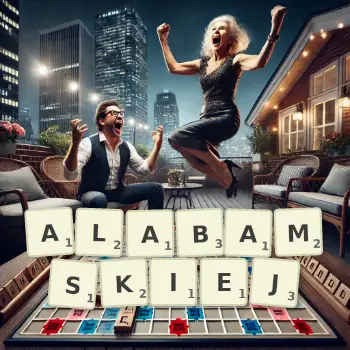 Kreatywna ilustracja do gry w Scrabble ze słowem ALABAMSKIEJ ułożonym z płytek na planszy.