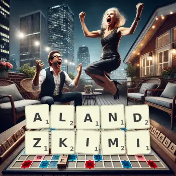 Kreatywna ilustracja do gry w Scrabble ze słowem ALANDZKIMI ułożonym z płytek na planszy.