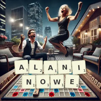 Kreatywna ilustracja do gry w Scrabble ze słowem ALANINOWE ułożonym z płytek na planszy.
