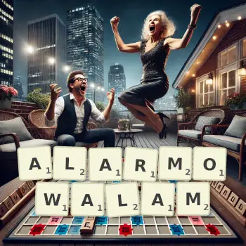 Kreatywna ilustracja do gry w Scrabble ze słowem ALARMOWALAM ułożonym z płytek na planszy.