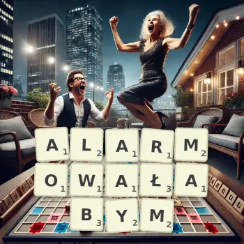 Kreatywna ilustracja do gry w Scrabble ze słowem ALARMOWAŁABYM ułożonym z płytek na planszy.
