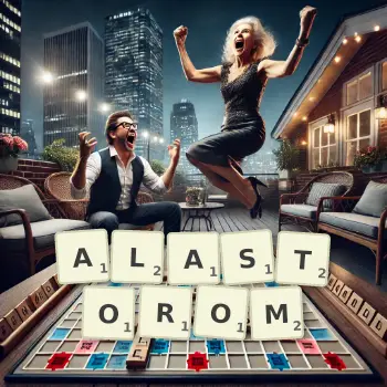Kreatywna ilustracja do gry w Scrabble ze słowem ALASTOROM ułożonym z płytek na planszy.