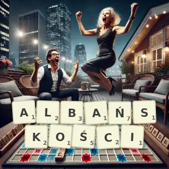 Kreatywna ilustracja do gry w Scrabble ze słowem ALBAŃSKOŚCI ułożonym z płytek na planszy.