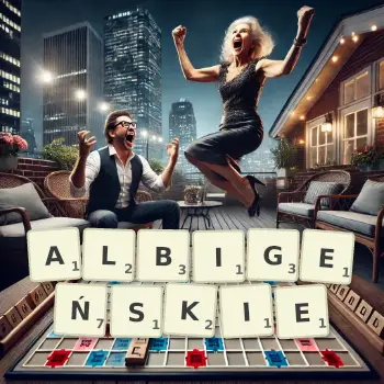 Kreatywna ilustracja do gry w Scrabble ze słowem ALBIGEŃSKIE ułożonym z płytek na planszy.