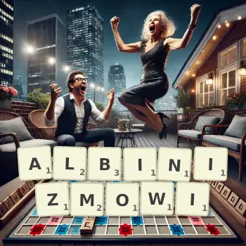 Kreatywna ilustracja do gry w Scrabble ze słowem ALBINIZMOWI ułożonym z płytek na planszy.