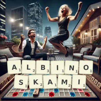 Kreatywna ilustracja do gry w Scrabble ze słowem ALBINOSKAMI ułożonym z płytek na planszy.