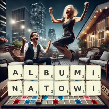 Kreatywna ilustracja do gry w Scrabble ze słowem ALBUMINATOWI ułożonym z płytek na planszy.