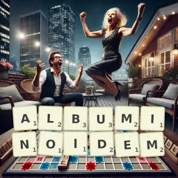 Kreatywna ilustracja do gry w Scrabble ze słowem ALBUMINOIDEM ułożonym z płytek na planszy.