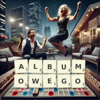 Kreatywna ilustracja do gry w Scrabble ze słowem ALBUMOWEGO ułożonym z płytek na planszy.