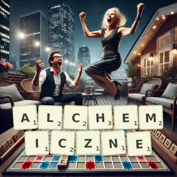 Kreatywna ilustracja do gry w Scrabble ze słowem ALCHEMICZNE ułożonym z płytek na planszy.