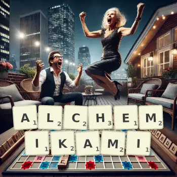 Kreatywna ilustracja do gry w Scrabble ze słowem ALCHEMIKAMI ułożonym z płytek na planszy.
