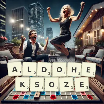 Kreatywna ilustracja do gry w Scrabble ze słowem ALDOHEKSOZE ułożonym z płytek na planszy.