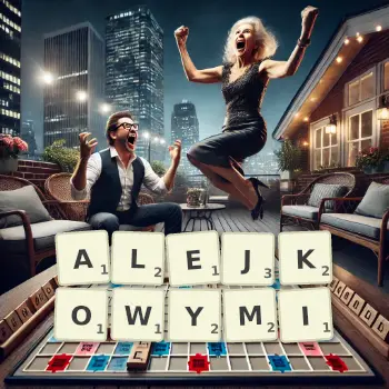 Kreatywna ilustracja do gry w Scrabble ze słowem ALEJKOWYMI ułożonym z płytek na planszy.