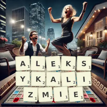 Kreatywna ilustracja do gry w Scrabble ze słowem ALEKSYKALIZMIE ułożonym z płytek na planszy.