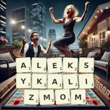 Kreatywna ilustracja do gry w Scrabble ze słowem ALEKSYKALIZMOM ułożonym z płytek na planszy.