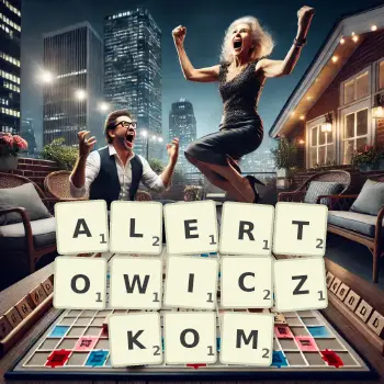 Kreatywna ilustracja do gry w Scrabble ze słowem ALERTOWICZKOM ułożonym z płytek na planszy.