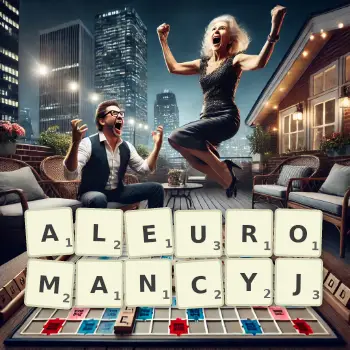 Kreatywna ilustracja do gry w Scrabble ze słowem ALEUROMANCYJ ułożonym z płytek na planszy.