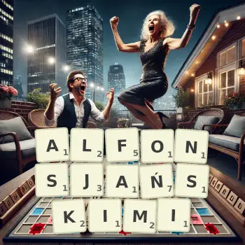 Kreatywna ilustracja do gry w Scrabble ze słowem ALFONSJAŃSKIMI ułożonym z płytek na planszy.