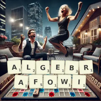 Kreatywna ilustracja do gry w Scrabble ze słowem ALGEBRAFOWI ułożonym z płytek na planszy.