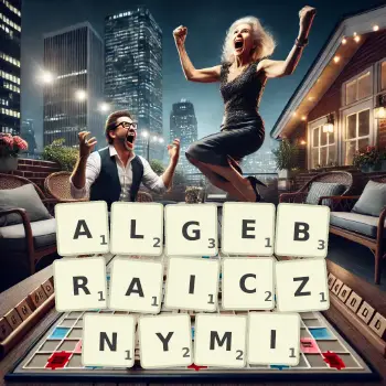 Kreatywna ilustracja do gry w Scrabble ze słowem ALGEBRAICZNYMI ułożonym z płytek na planszy.