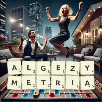 Kreatywna ilustracja do gry w Scrabble ze słowem ALGEZYMETRIĄ ułożonym z płytek na planszy.
