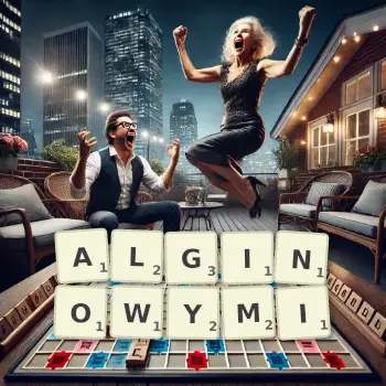 Kreatywna ilustracja do gry w Scrabble ze słowem ALGINOWYMI ułożonym z płytek na planszy.