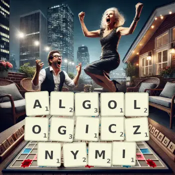 Kreatywna ilustracja do gry w Scrabble ze słowem ALGOLOGICZNYMI ułożonym z płytek na planszy.