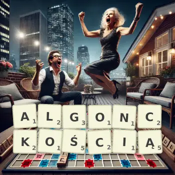 Kreatywna ilustracja do gry w Scrabble ze słowem ALGONCKOŚCIĄ ułożonym z płytek na planszy.
