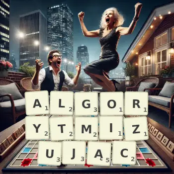 Kreatywna ilustracja do gry w Scrabble ze słowem ALGORYTMIZUJĄC ułożonym z płytek na planszy.