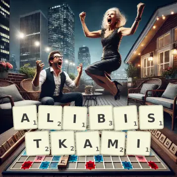 Kreatywna ilustracja do gry w Scrabble ze słowem ALIBISTKAMI ułożonym z płytek na planszy.