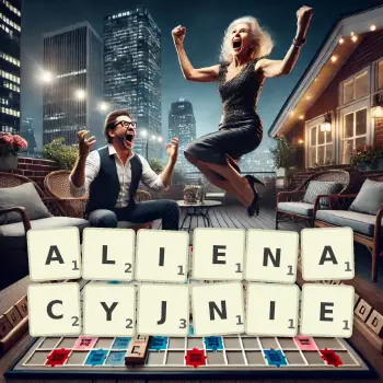 Kreatywna ilustracja do gry w Scrabble ze słowem ALIENACYJNIE ułożonym z płytek na planszy.