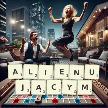 Kreatywna ilustracja do gry w Scrabble ze słowem ALIENUJĄCYM ułożonym z płytek na planszy.