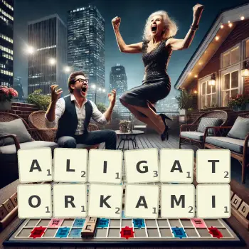 Kreatywna ilustracja do gry w Scrabble ze słowem ALIGATORKAMI ułożonym z płytek na planszy.