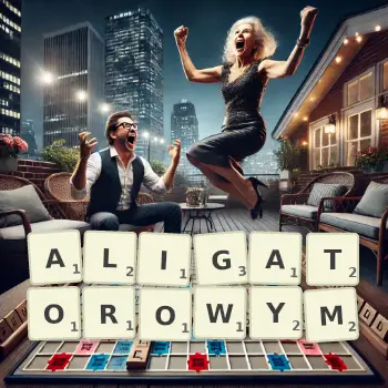 Kreatywna ilustracja do gry w Scrabble ze słowem ALIGATOROWYM ułożonym z płytek na planszy.