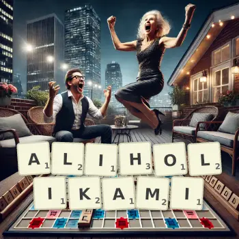 Kreatywna ilustracja do gry w Scrabble ze słowem ALIHOLIKAMI ułożonym z płytek na planszy.