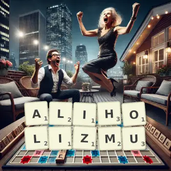Kreatywna ilustracja do gry w Scrabble ze słowem ALIHOLIZMU ułożonym z płytek na planszy.