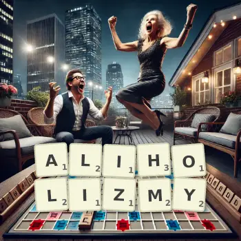 Kreatywna ilustracja do gry w Scrabble ze słowem ALIHOLIZMY ułożonym z płytek na planszy.