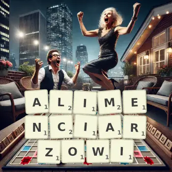 Kreatywna ilustracja do gry w Scrabble ze słowem ALIMENCIARZOWI ułożonym z płytek na planszy.